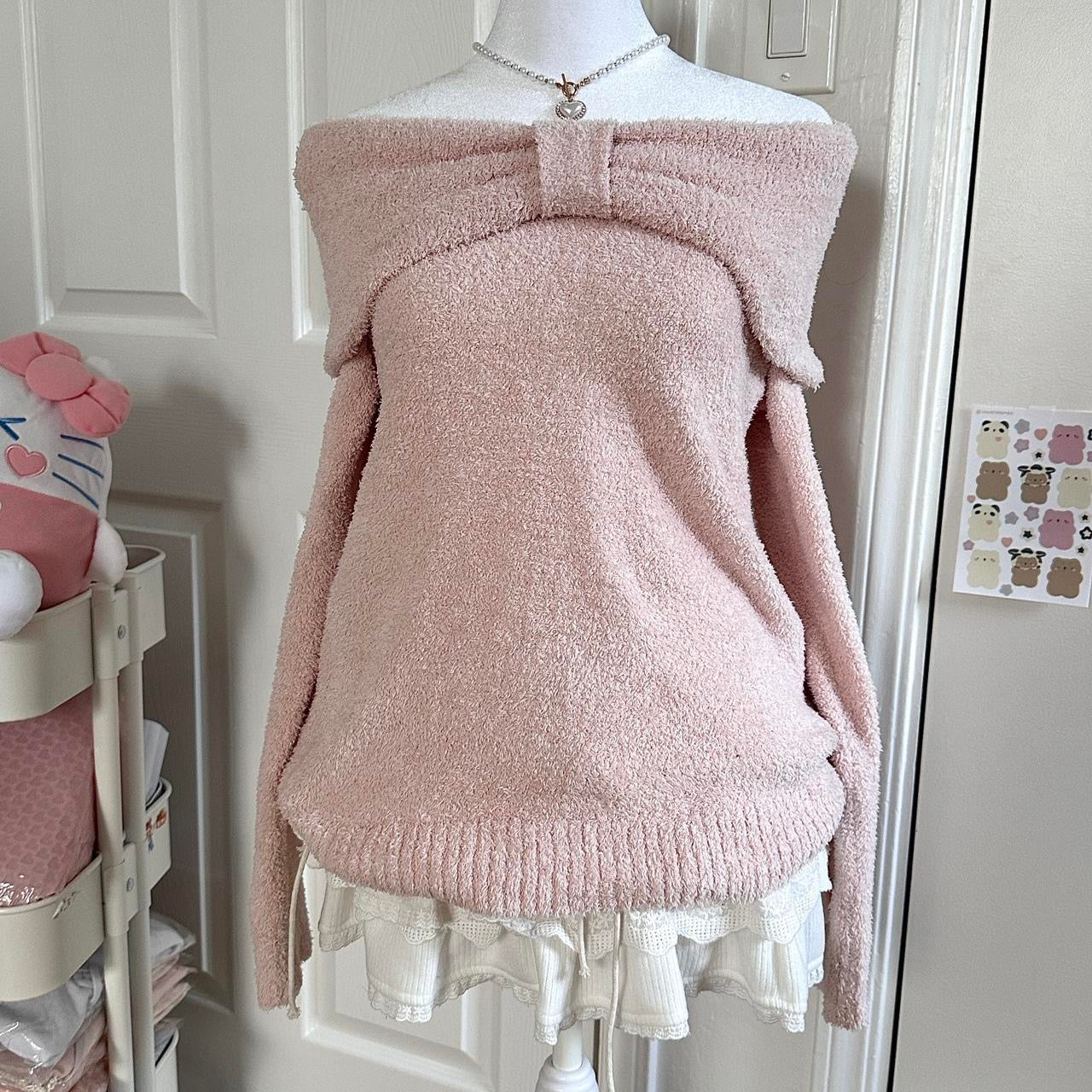 japanese pink fuzzy off the shoulder ribbon sweater ♡