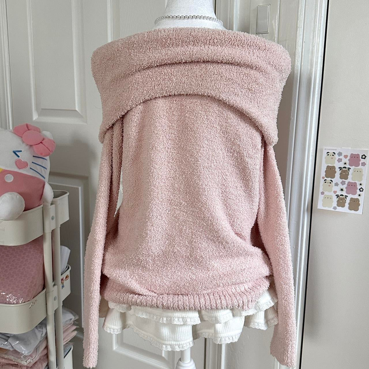 japanese pink fuzzy off the shoulder ribbon sweater ♡