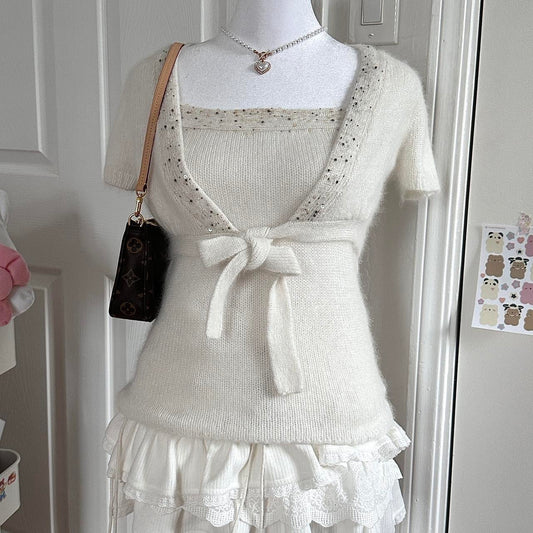 creamish white angora iridescent flakes bolero & tank set ☆