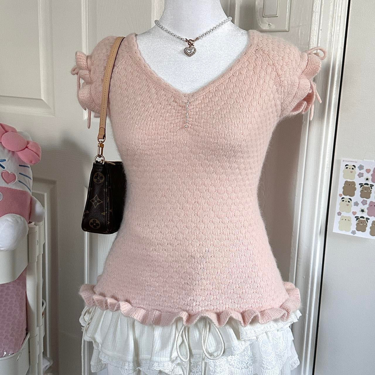 japanese pink ruffled knitted angora blend top ♡