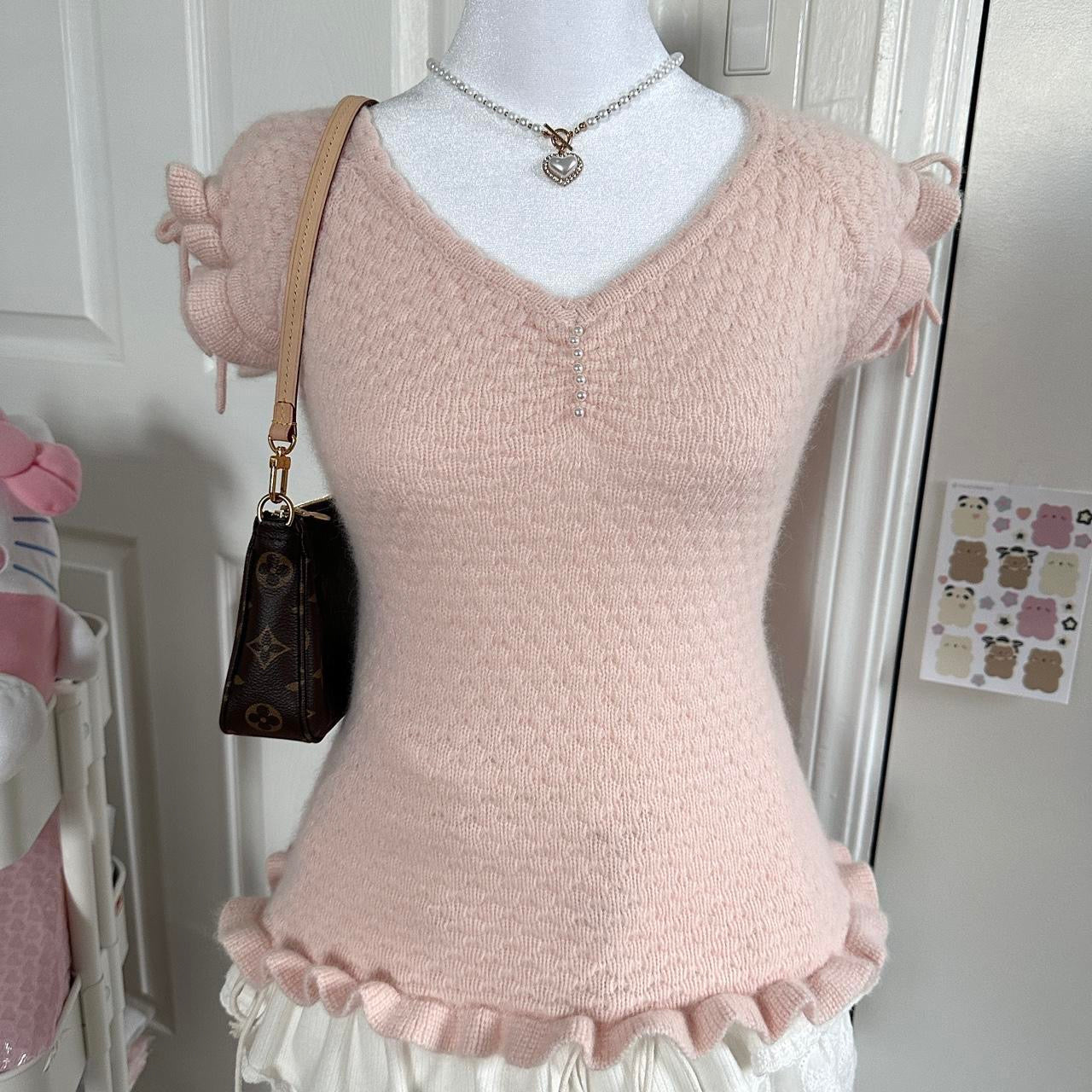 japanese pink ruffled knitted angora blend top ♡