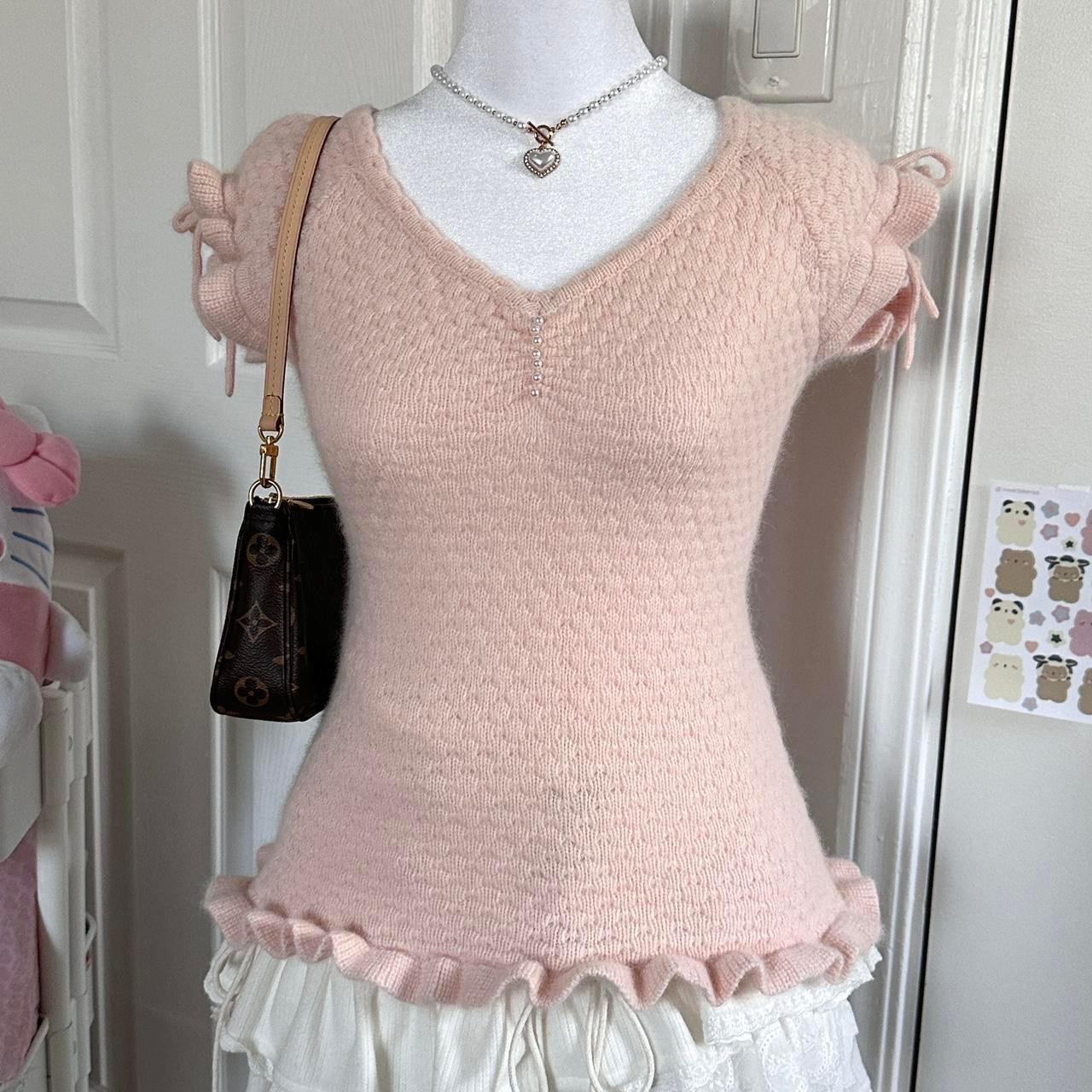 japanese pink ruffled knitted angora blend top ♡