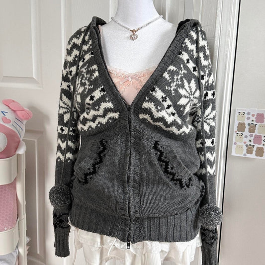 liz lisa grey knitted pom pom oversized zip up ♡