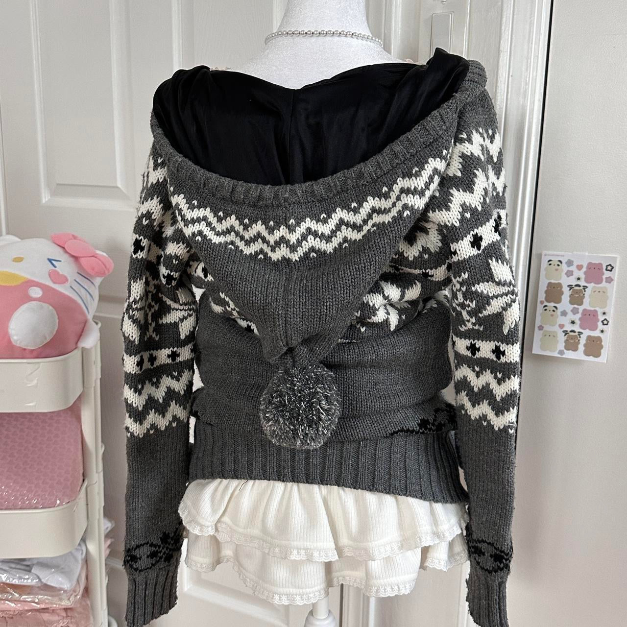 liz lisa grey knitted pom pom oversized zip up ♡