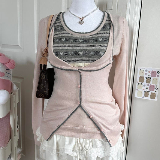 japanese dusty pink & grey cardigan short sleeve top set ♡