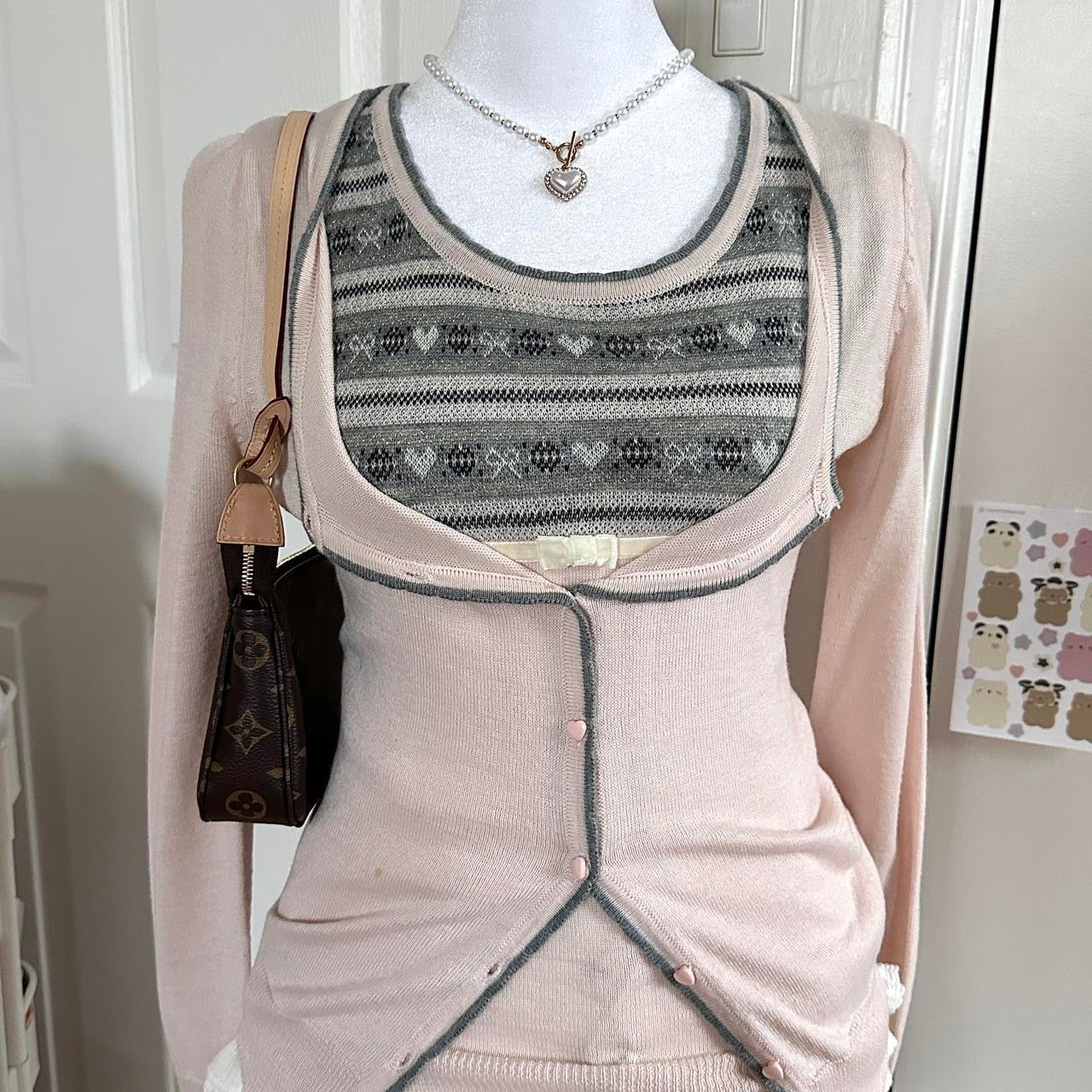 japanese dusty pink & grey cardigan short sleeve top set ♡