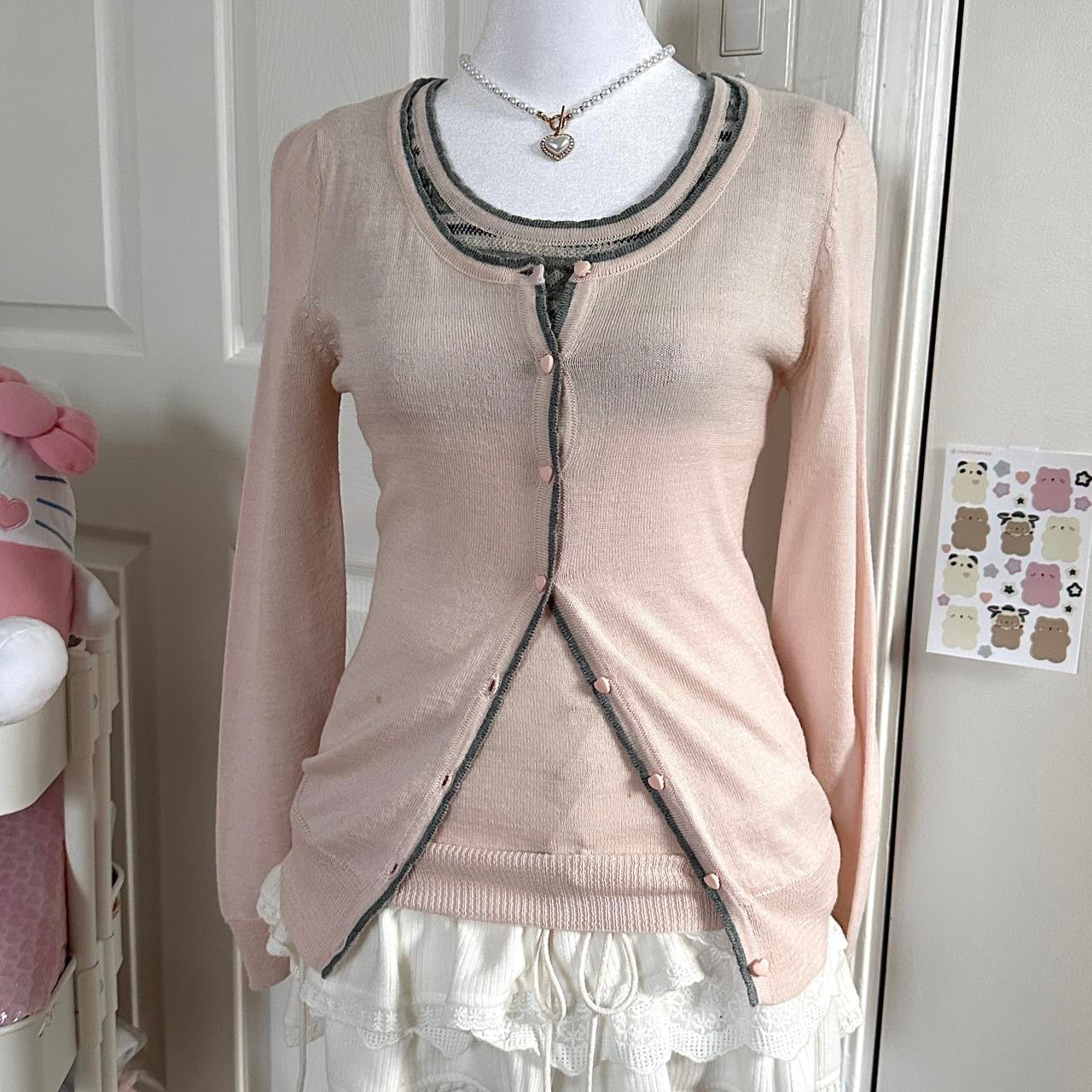 japanese dusty pink & grey cardigan short sleeve top set ♡