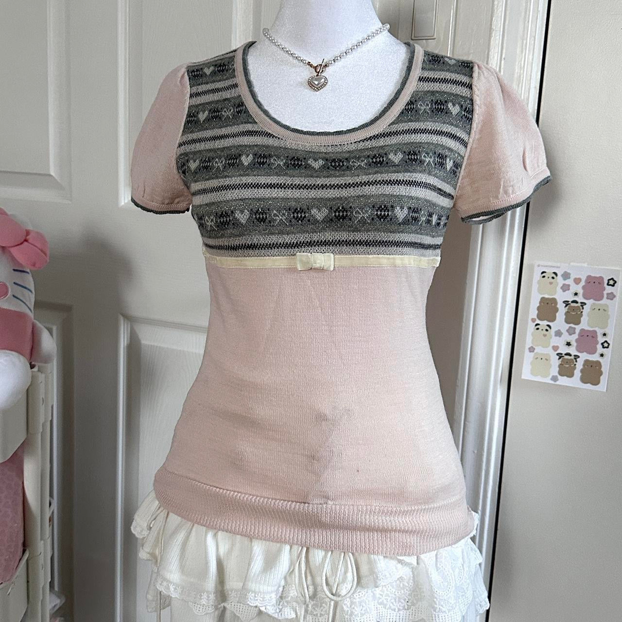 japanese dusty pink & grey cardigan short sleeve top set ♡