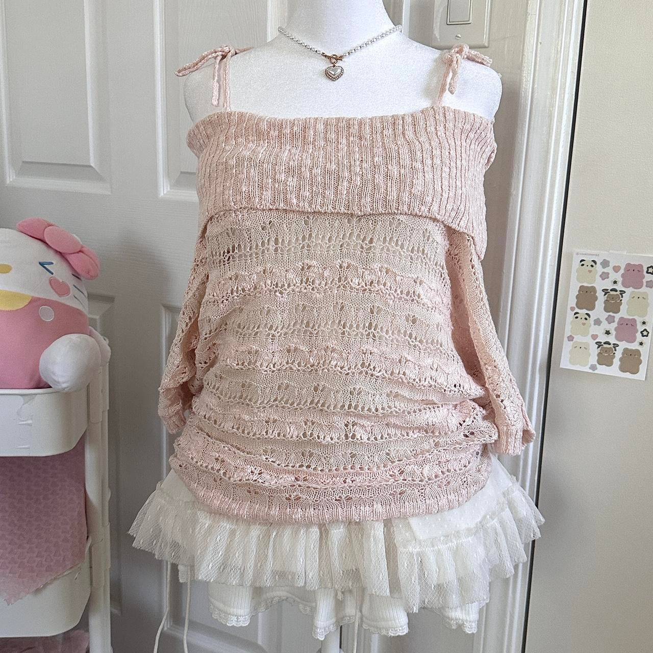 japanese sheer eyelet knitted half sleeve off shoulder sweater ☆