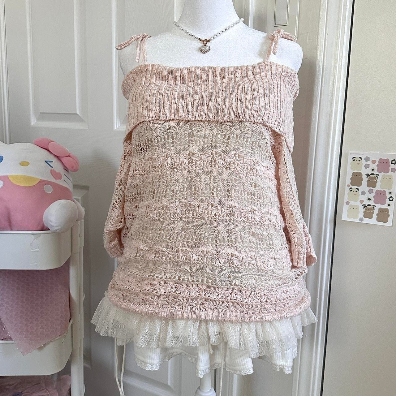 japanese sheer eyelet knitted half sleeve off shoulder sweater ☆