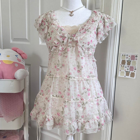 japanese floral babydoll blouse & lace camisole top set ☆