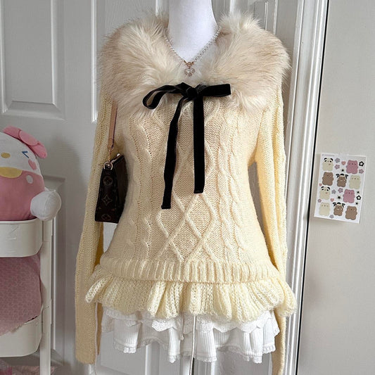 japanese cream fur collar ribbon knitted sweater ☆