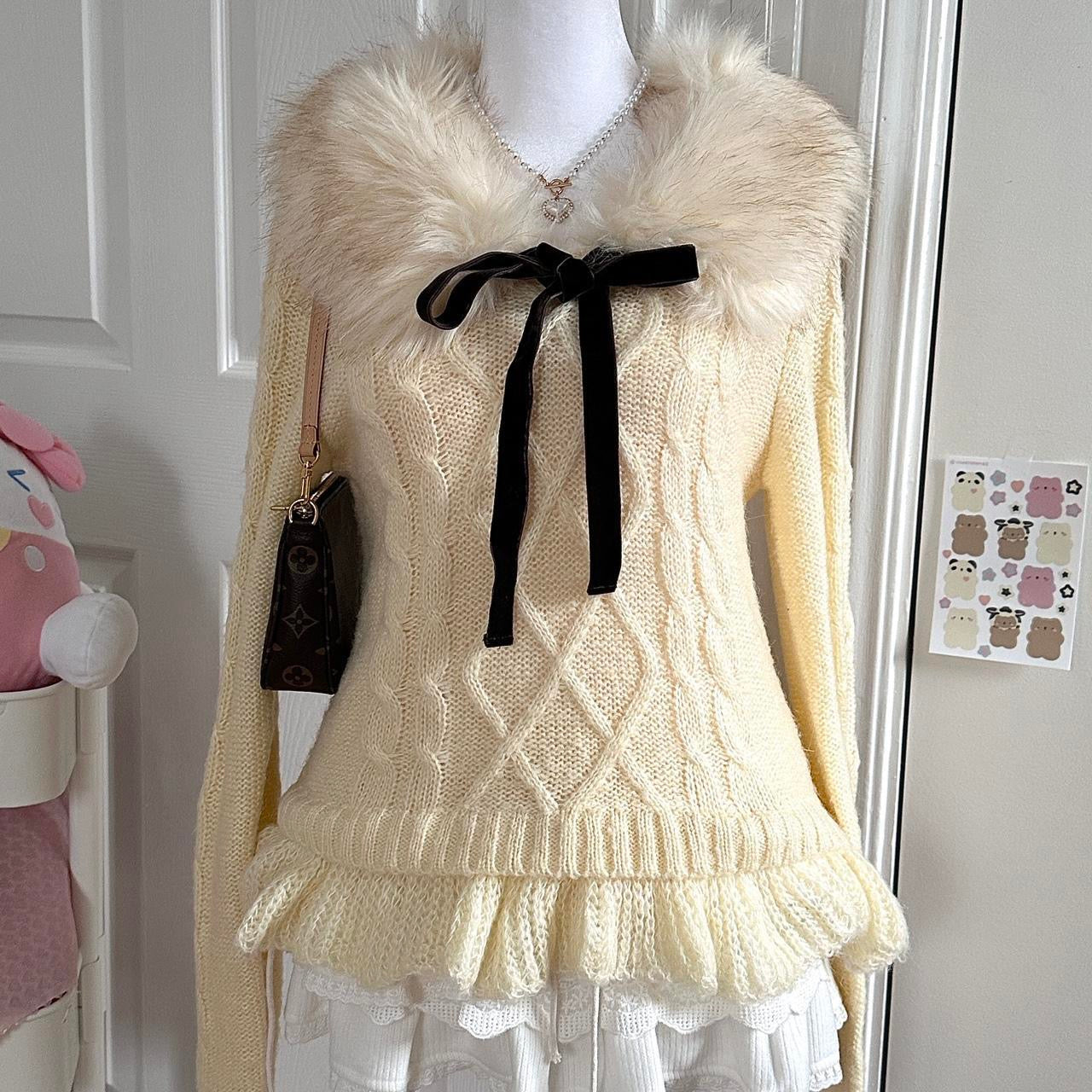 japanese cream fur collar ribbon knitted sweater ☆