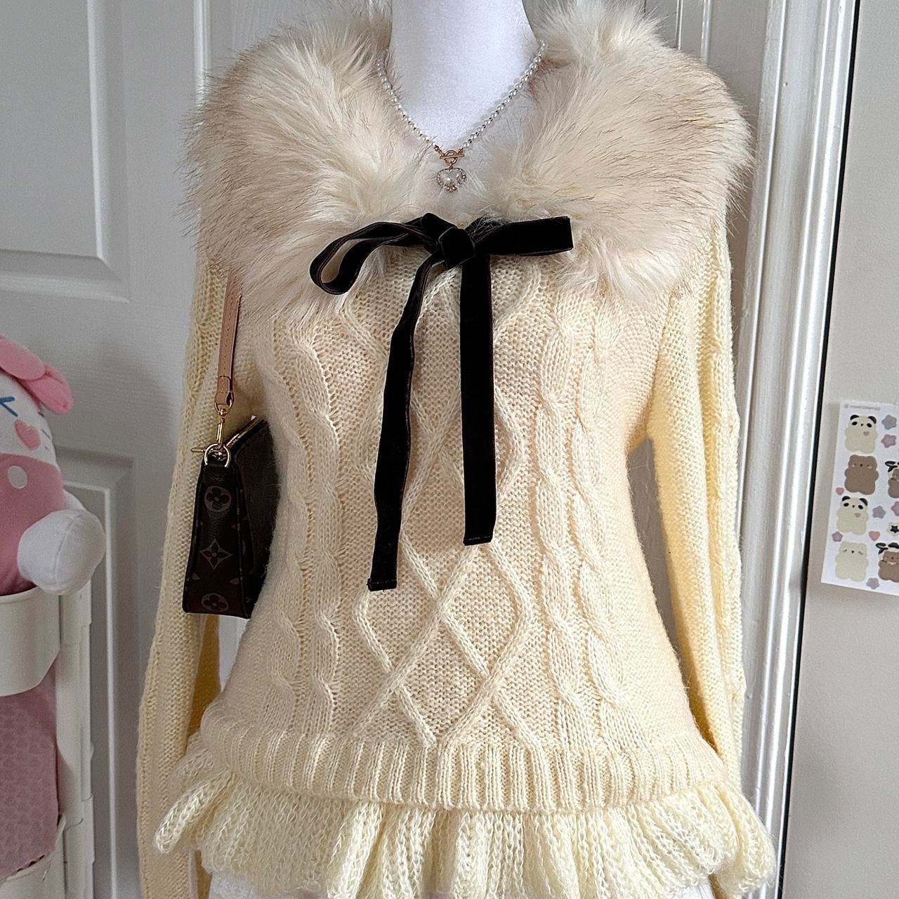 japanese cream fur collar ribbon knitted sweater ☆