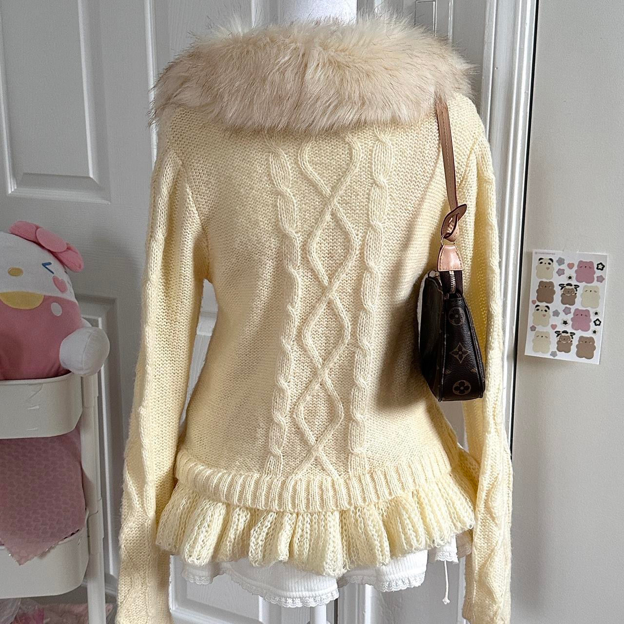 japanese cream fur collar ribbon knitted sweater ☆