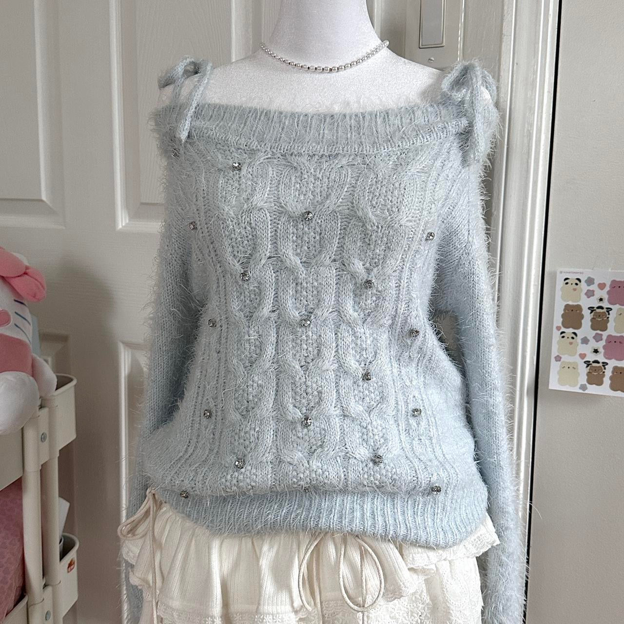 japanese light blue fluffy jeweled ribbon sweater ☆