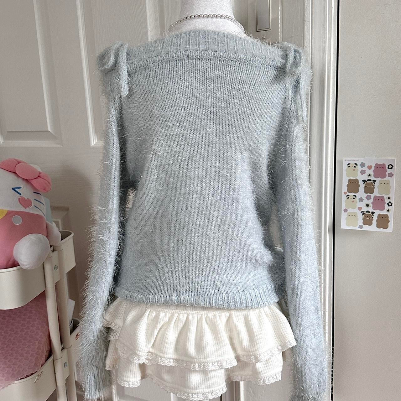 japanese light blue fluffy jeweled ribbon sweater ☆