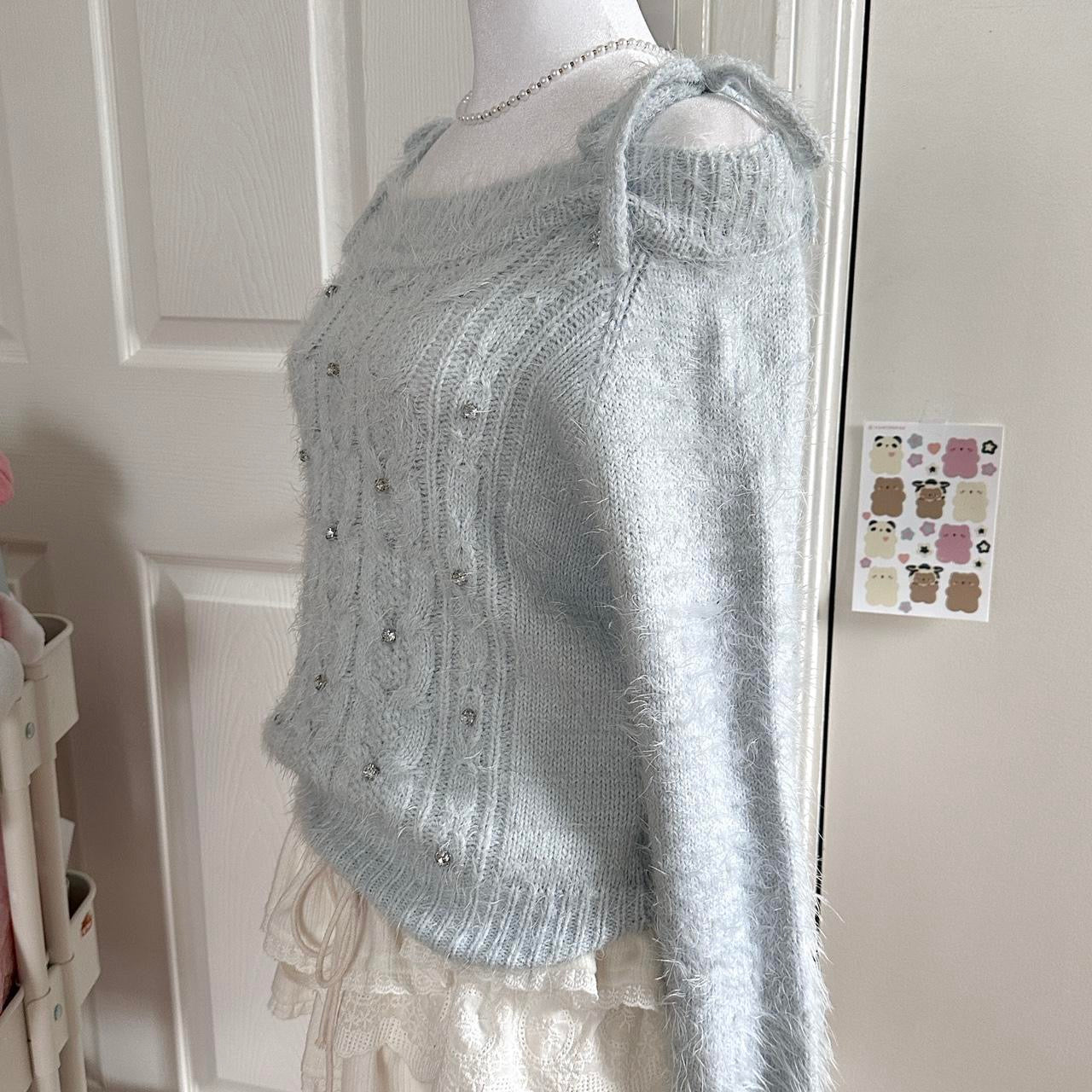 japanese light blue fluffy jeweled ribbon sweater ☆