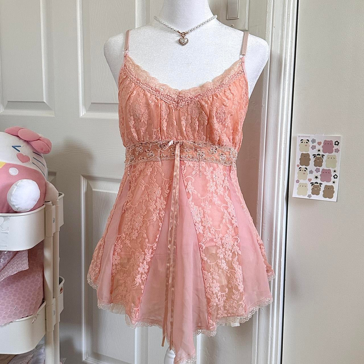 japanese salmon pink floral lace camisole ☆