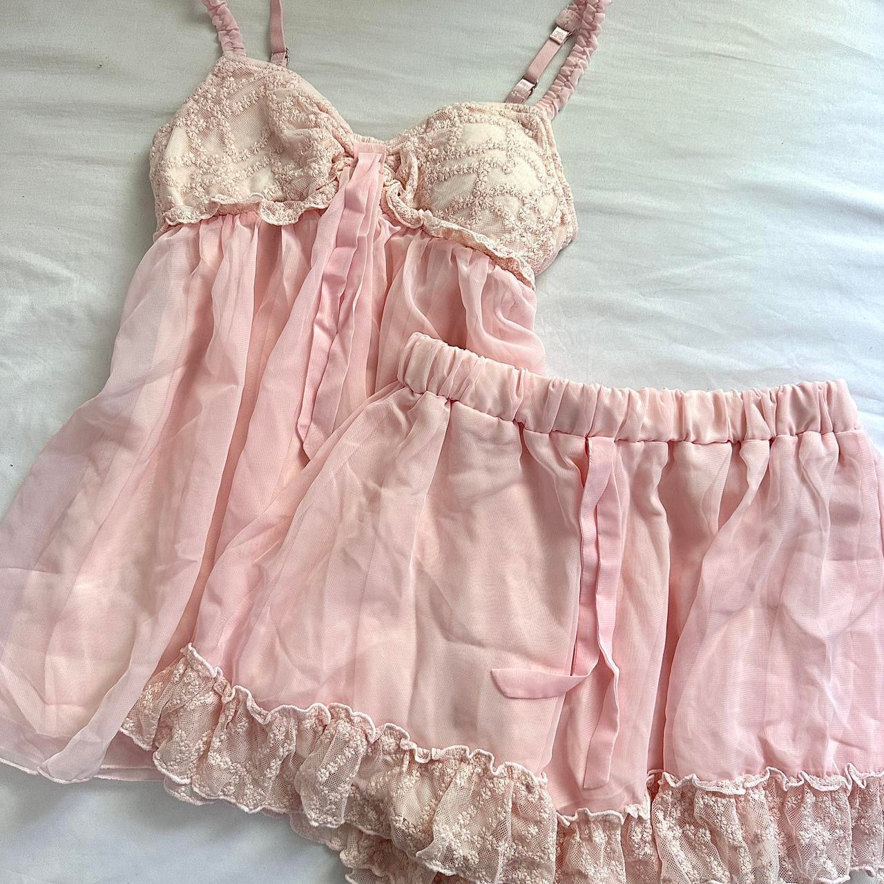 japanese pink babydoll silky lace camisole & shorts set ☆