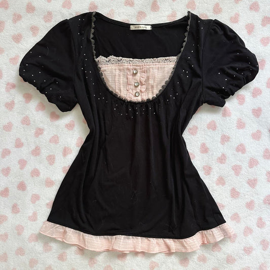 pink gingham & black milkmaid top ⋆ ˚｡⋆୨୧˚