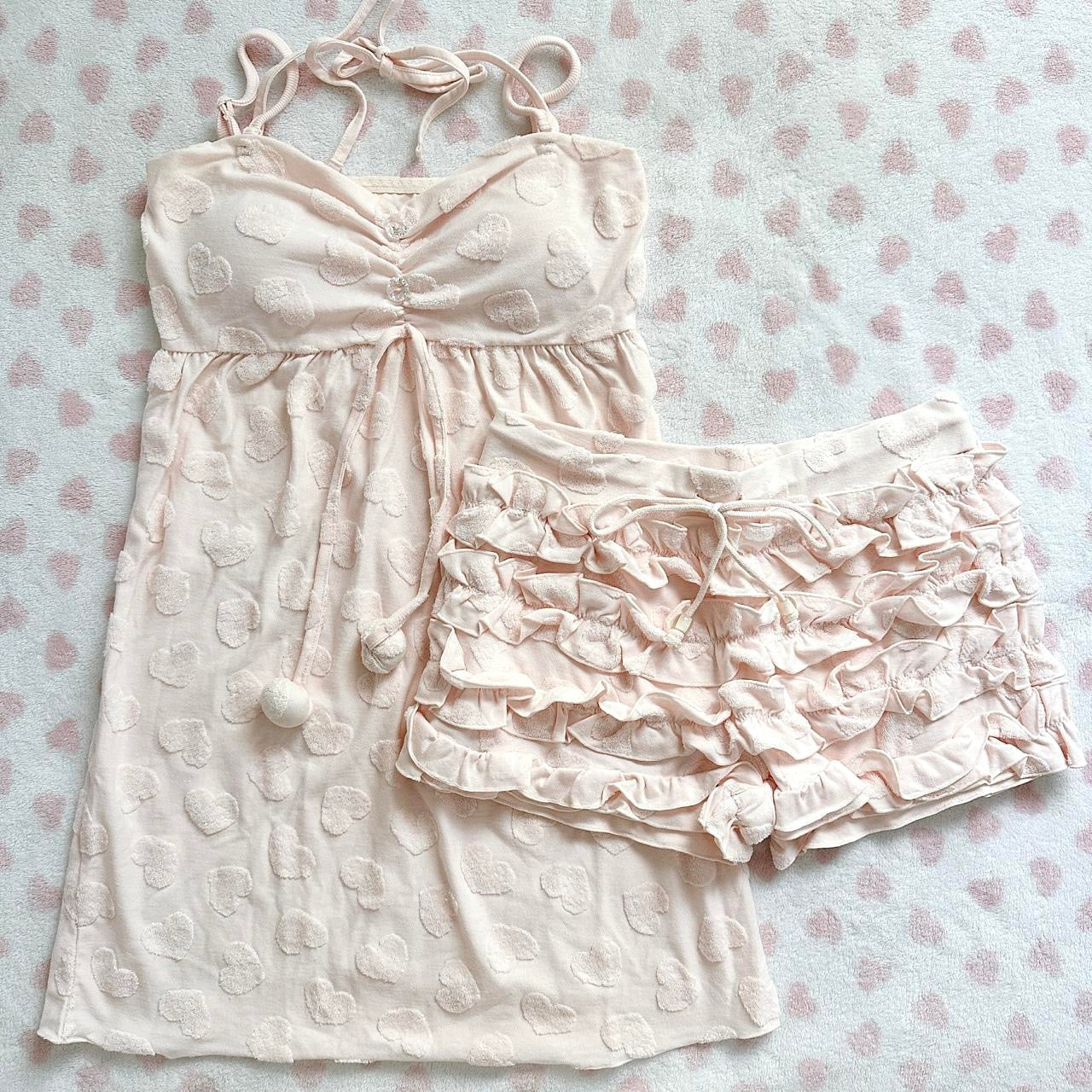 pom pom hearts pink babydoll loungewear set ⋆ ˚｡⋆୨୧˚