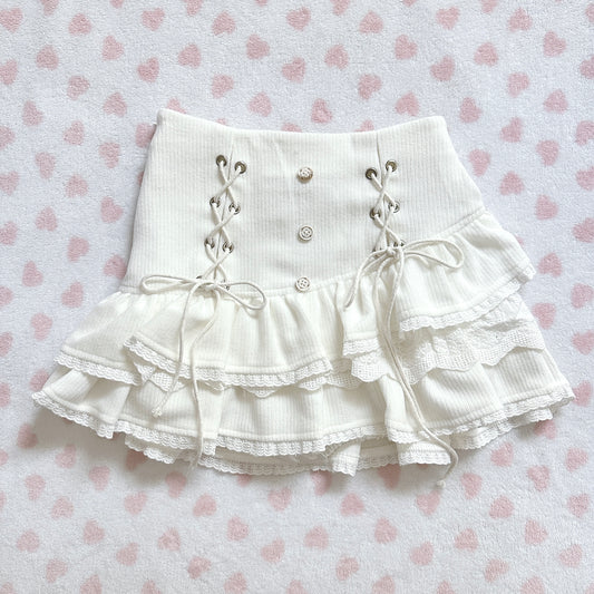 bobon21 off white lace up ruffle layered skirt ⋆ ˚｡⋆୨୧˚