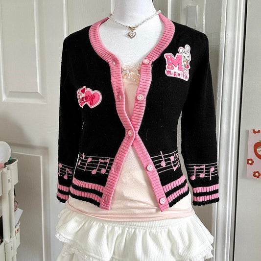 mezzo piano black pink embroidered sweater cardigan ⋆ ˚｡⋆୨୧˚